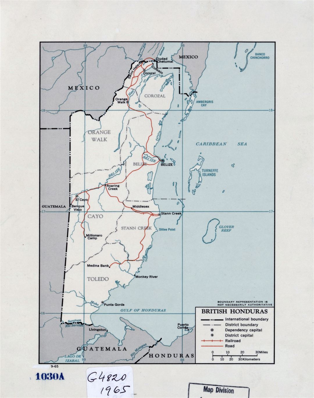 Large detailed political and administrative map of British Honduras with roads, railroads and major cities - 1965
