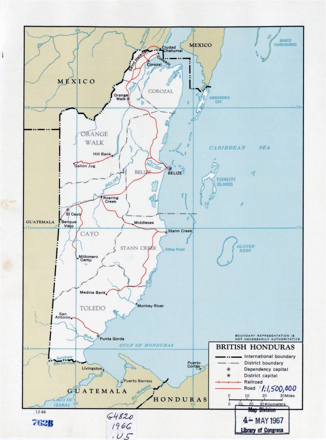 Large detailed political and administrative map of British Honduras with roads, railroads and major cities - 1966