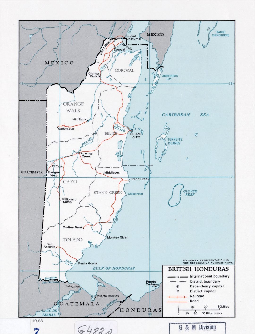 Large detailed political and administrative map of British Honduras with roads, railroads and major cities - 1968