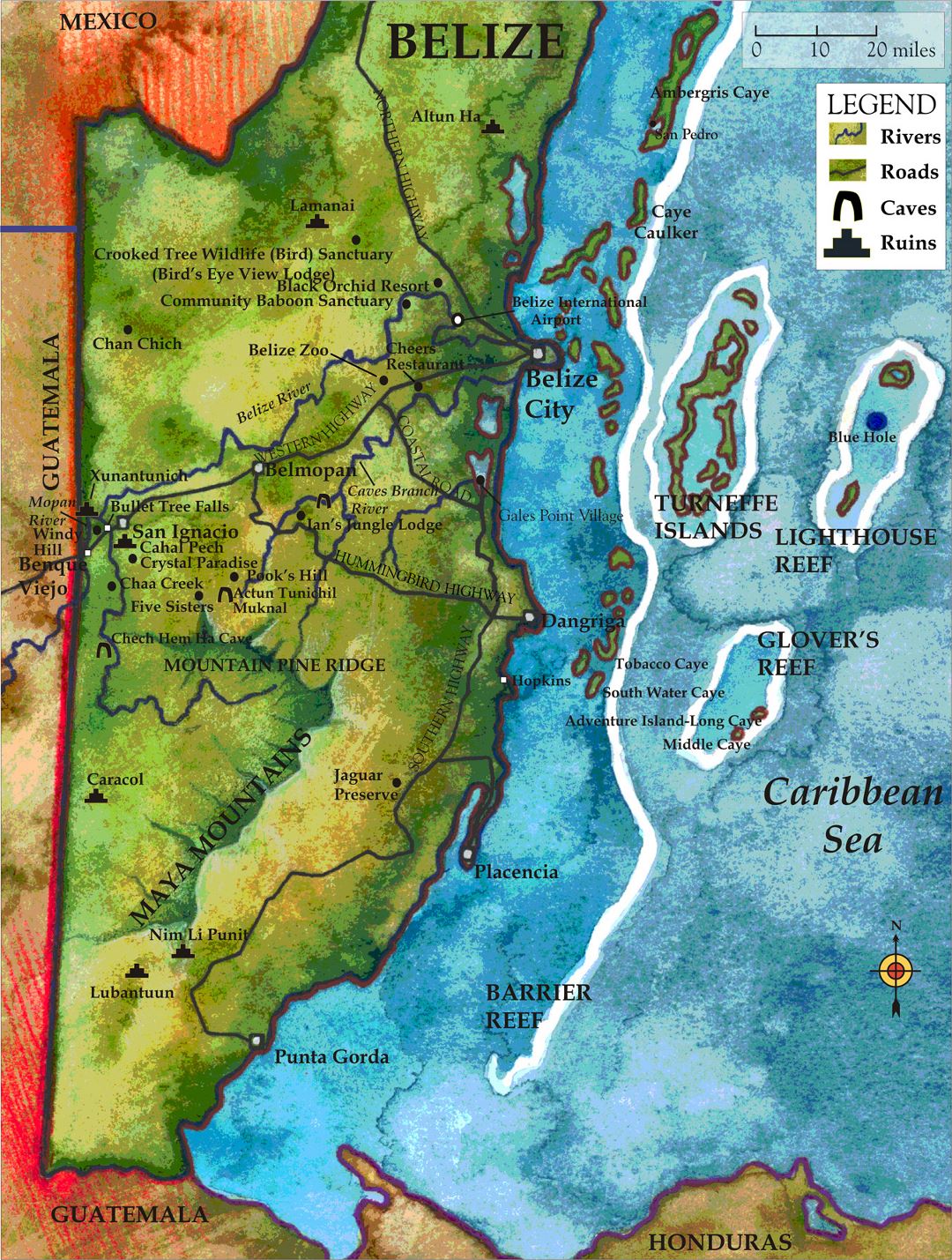 Large detailed travel map of Belize