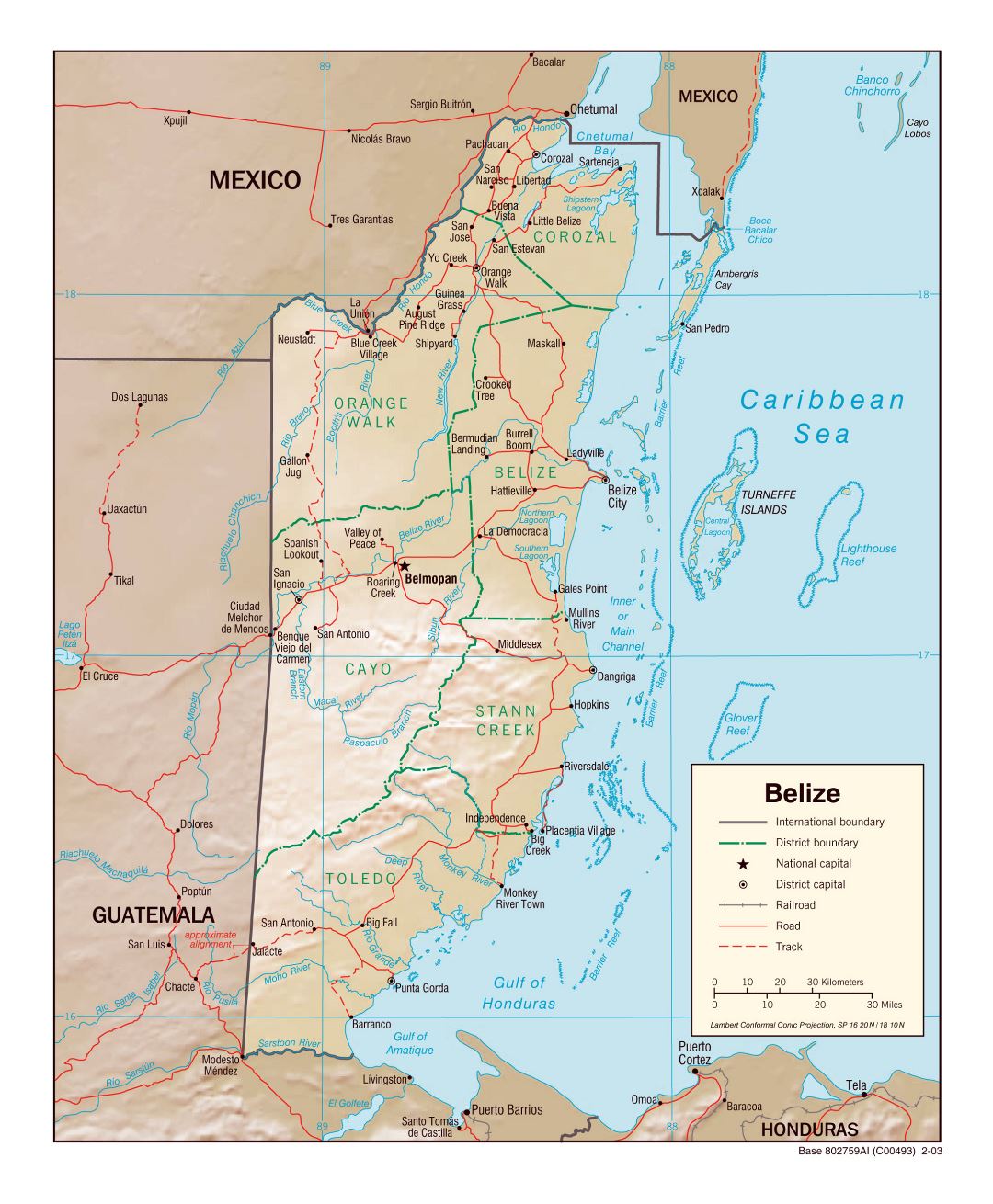 Large political and administrative map of Belize with relief, roads, railroads and major cities - 2003