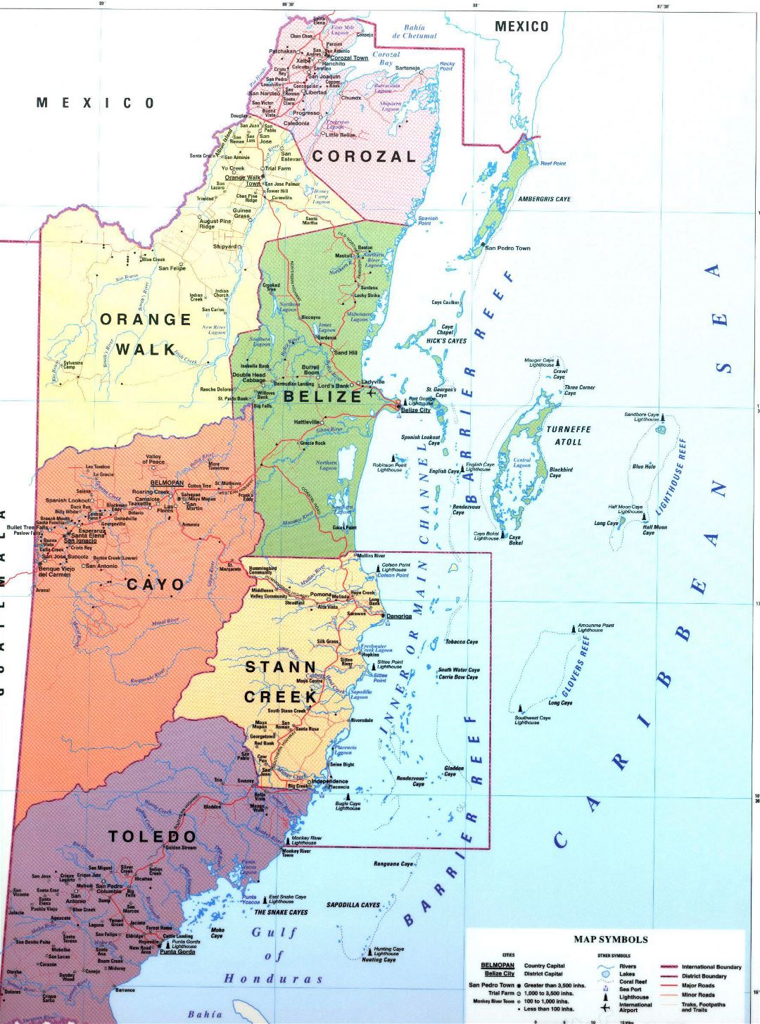 Large political and administrative map of Belize with roads, cities and other marks