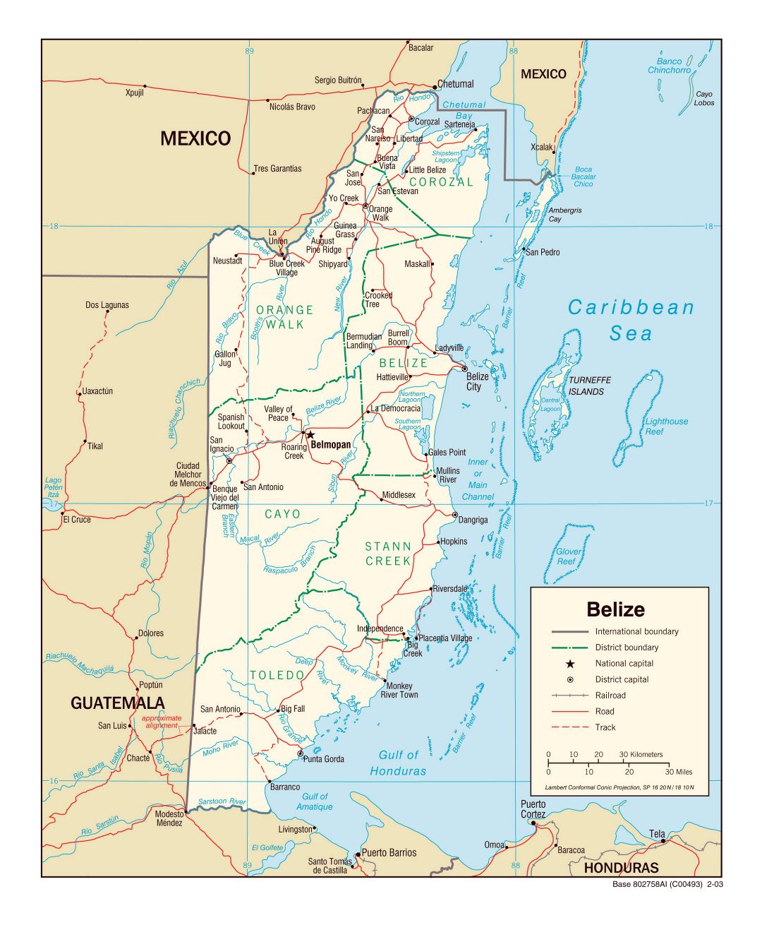 Large political and administrative map of Belize with roads, railroads and major cities - 2003