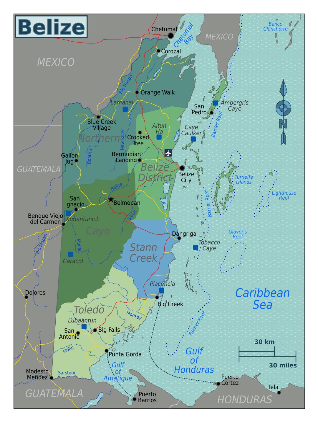 Large regions map of Belize