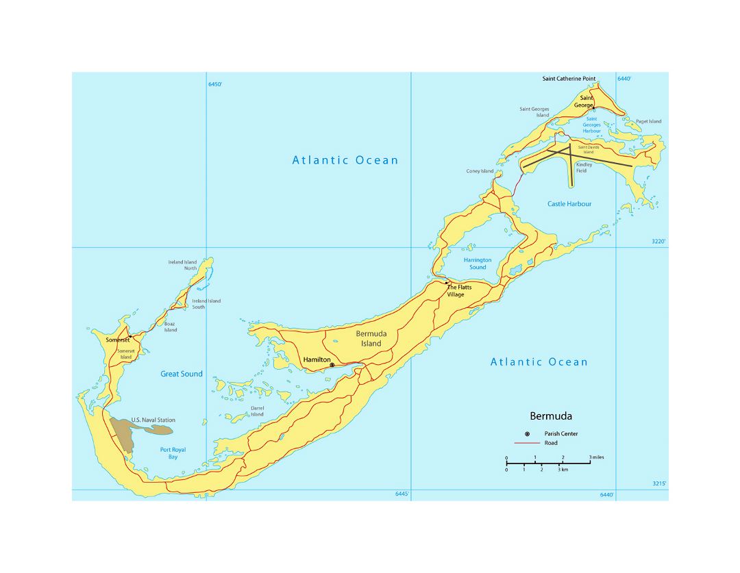 Detailed map of Bermuda with roads and cities