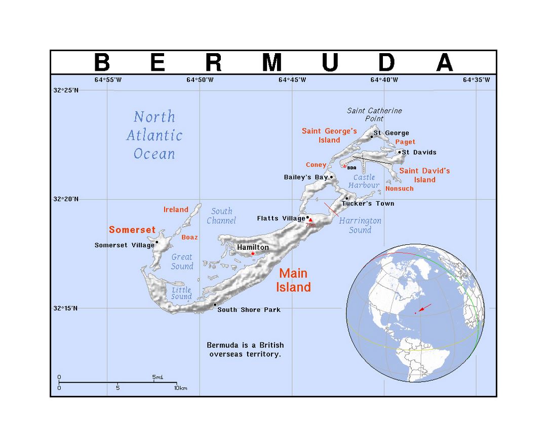 Detailed political map of Bermuda with relief