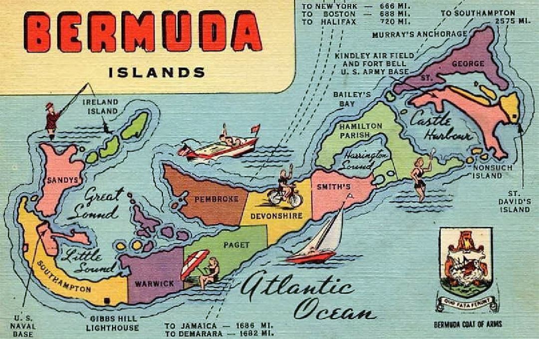 Detailed postcard map of Bermuda