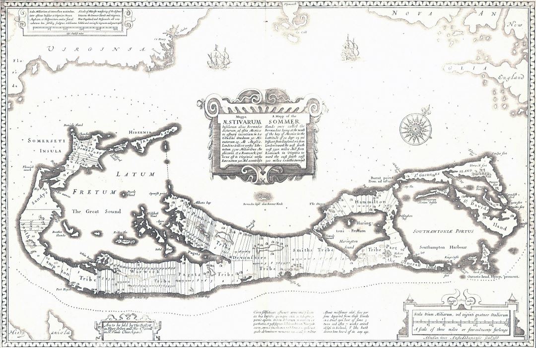 Large detailed old antique map of Bermuda - 1676
