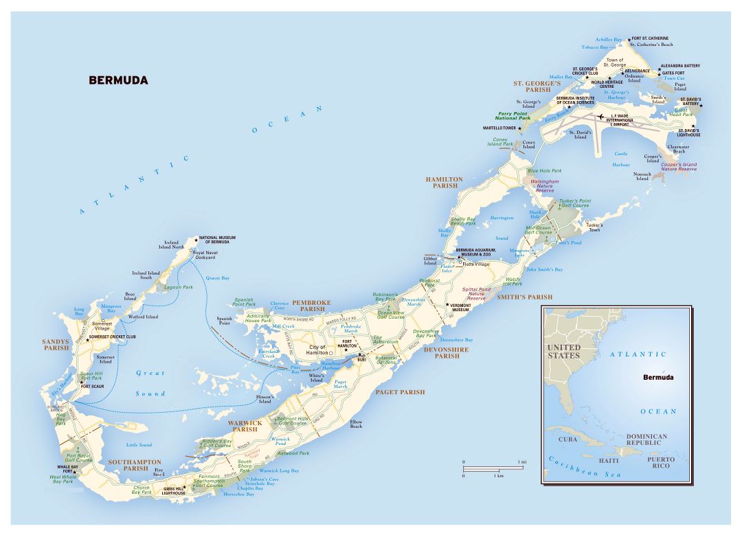 Large detailed road map of Bermuda with cities and other marks