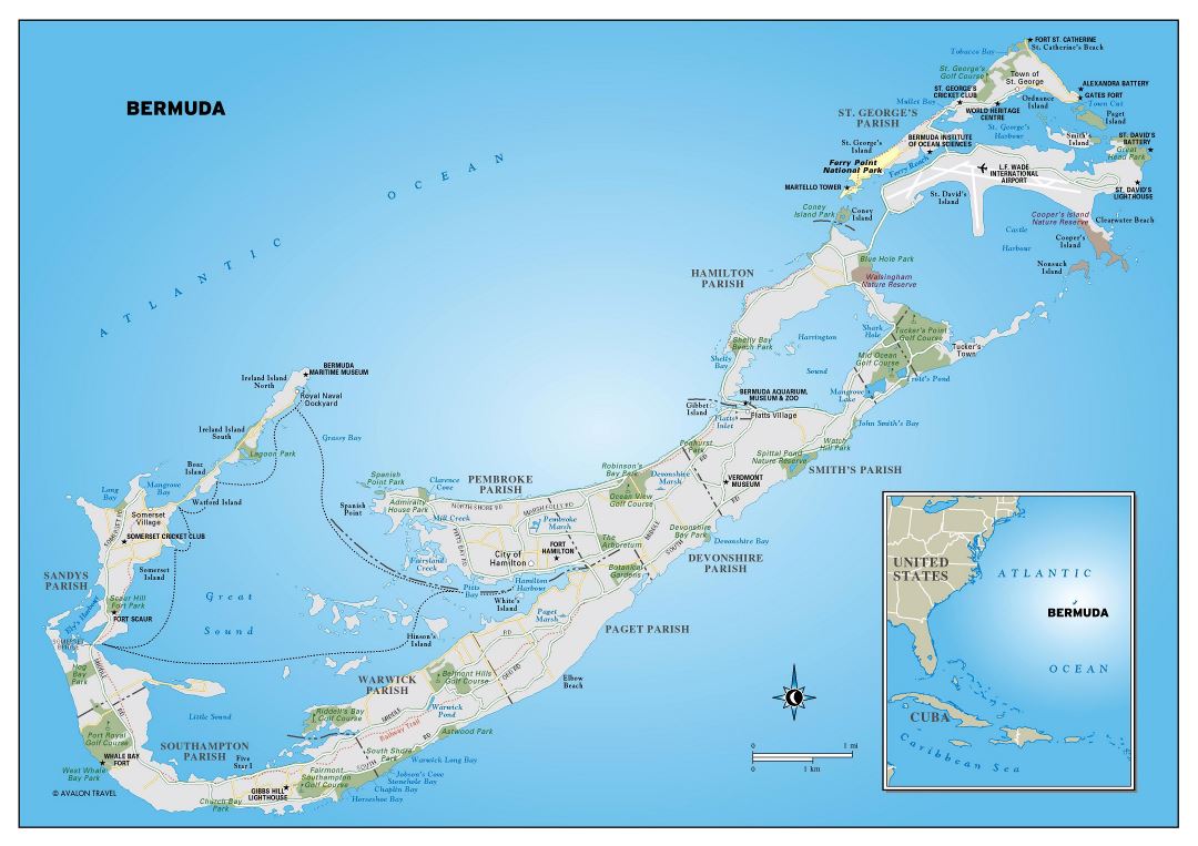 Large detailed road map of Bermuda with cities, nature reserves, parks and other marks