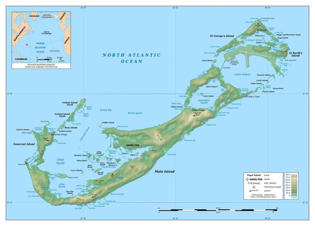 Large detailed topographical map of Bermuda