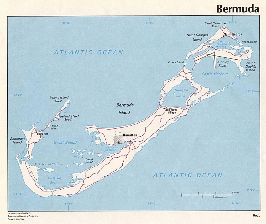 Large political map of Bermuda with roads and cities - 1976
