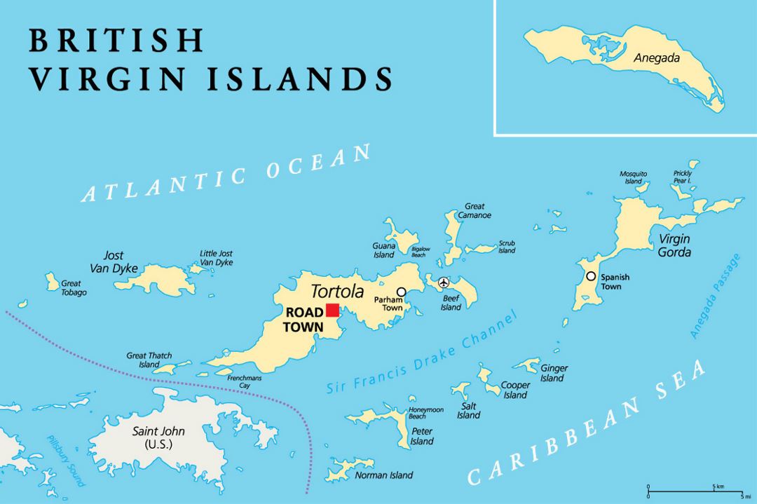 Detailed map of British Virgin Islands with cities and airports