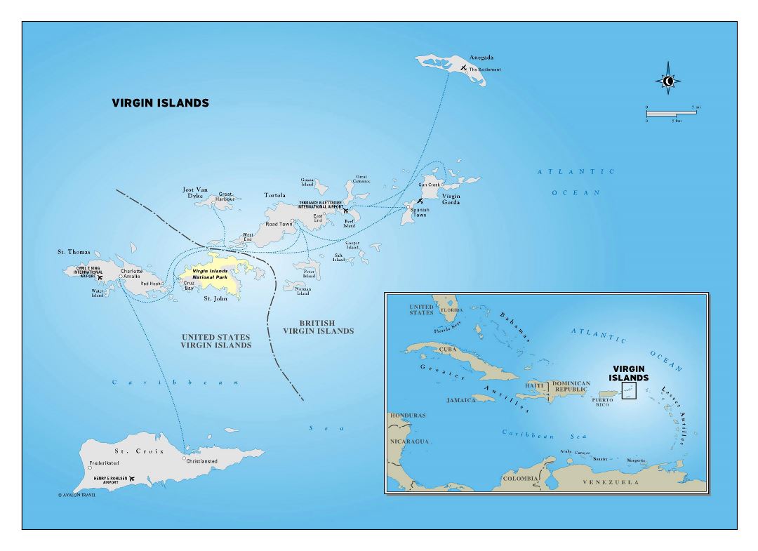 Large detailed political map of Virgin Islands with cities and airports