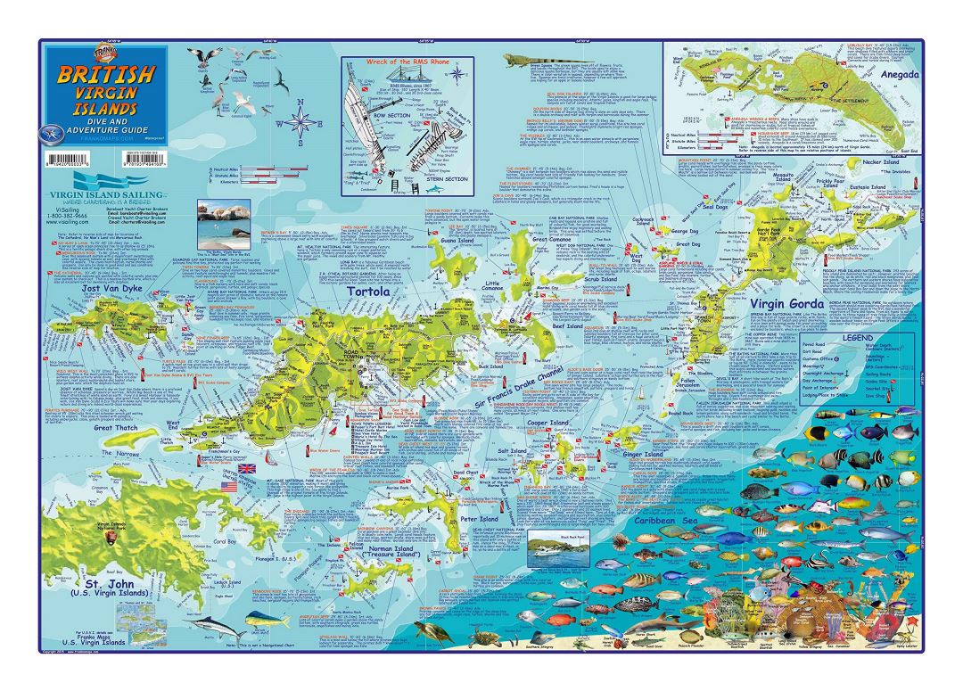 Large dive and adventure guide map of British Virgin Islands