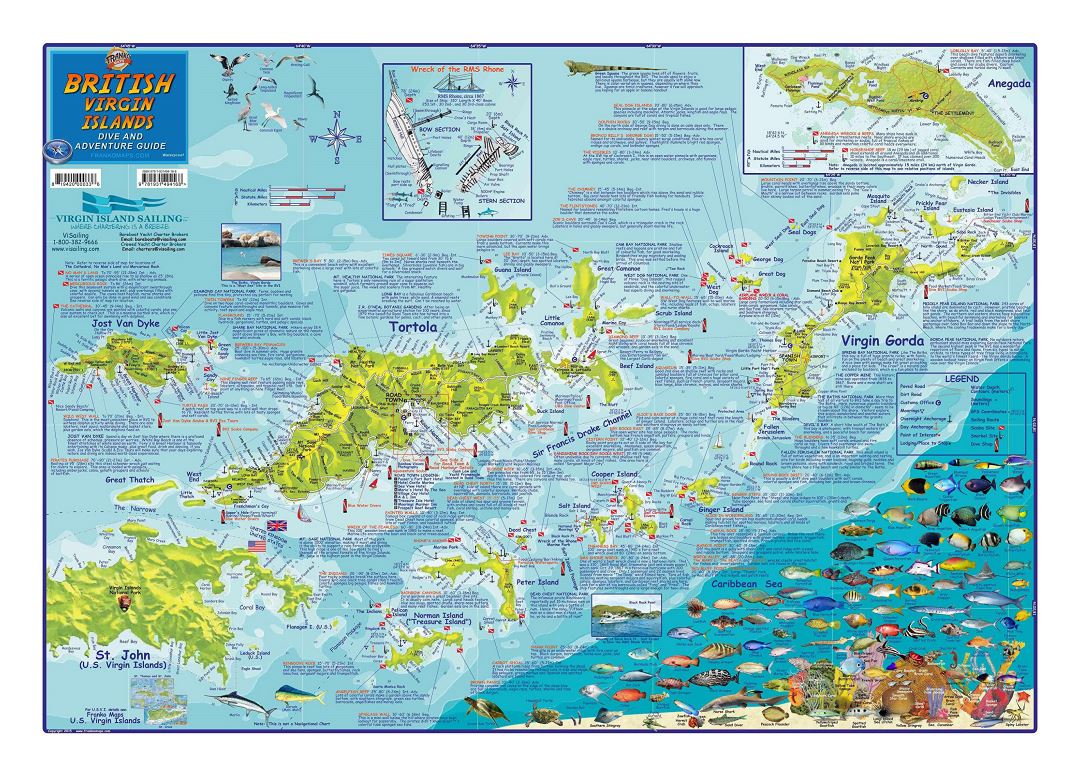 Large dive and adventure guide map of British Virgin Islands