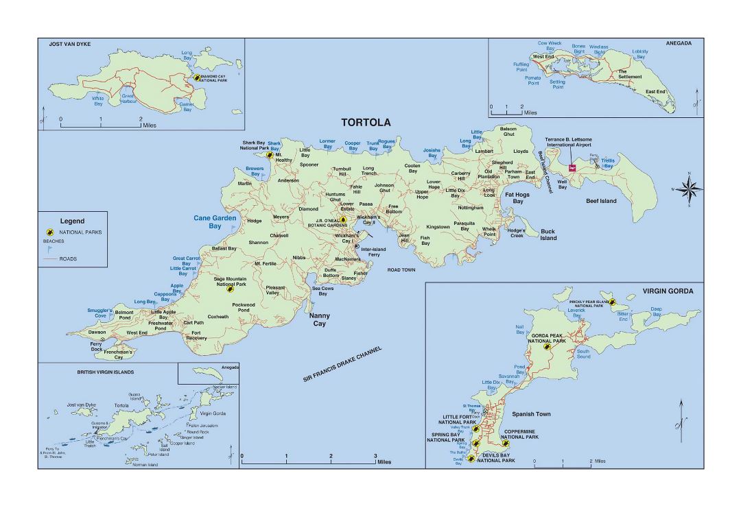 Large map of Tortola, British Virgin Islands with other marks