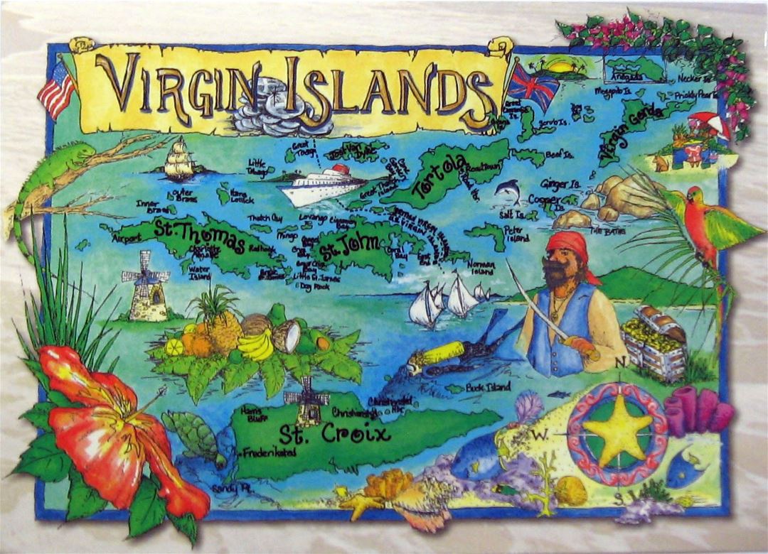 Large tourist illustrated map of British Virgin Islands