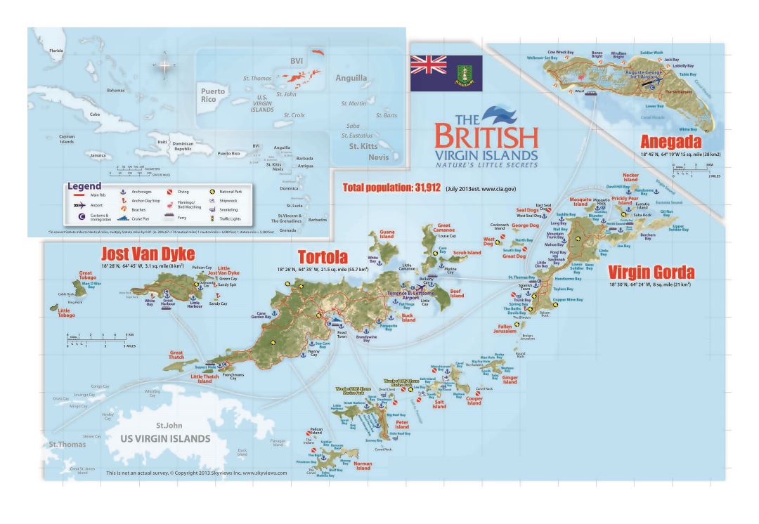 Large travel map of British Virgin Islands