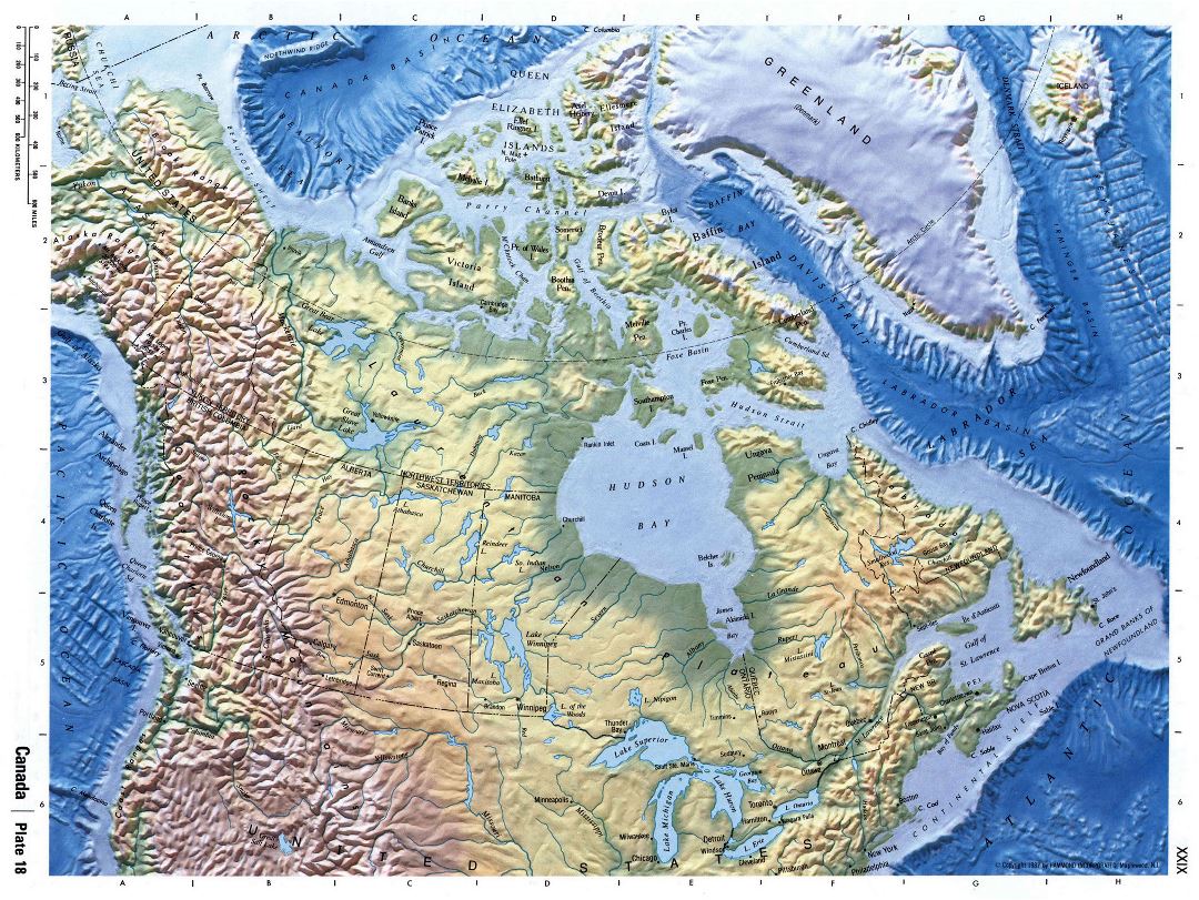 Detailed physical map of Canada