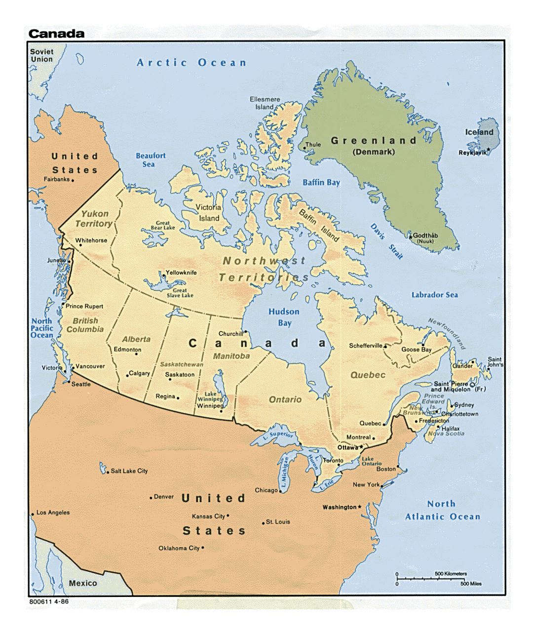 Detailed political and administrative map of Canada with major cities - 1986