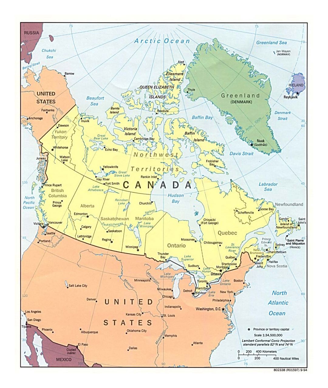 Detailed political and administrative map of Canada with major cities - 1994