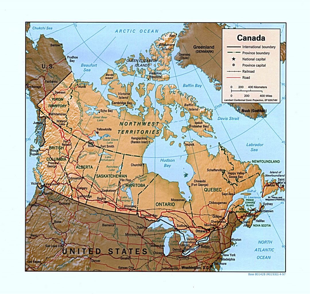 Detailed political and administrative map of Canada with relief, roads, railroads and major cities - 1997