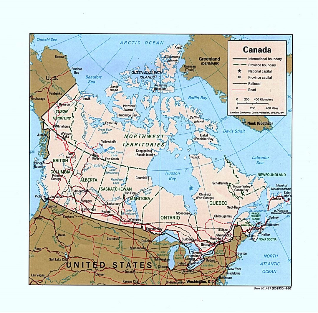 Detailed political and administrative map of Canada with roads, railroads and major cities - 1997