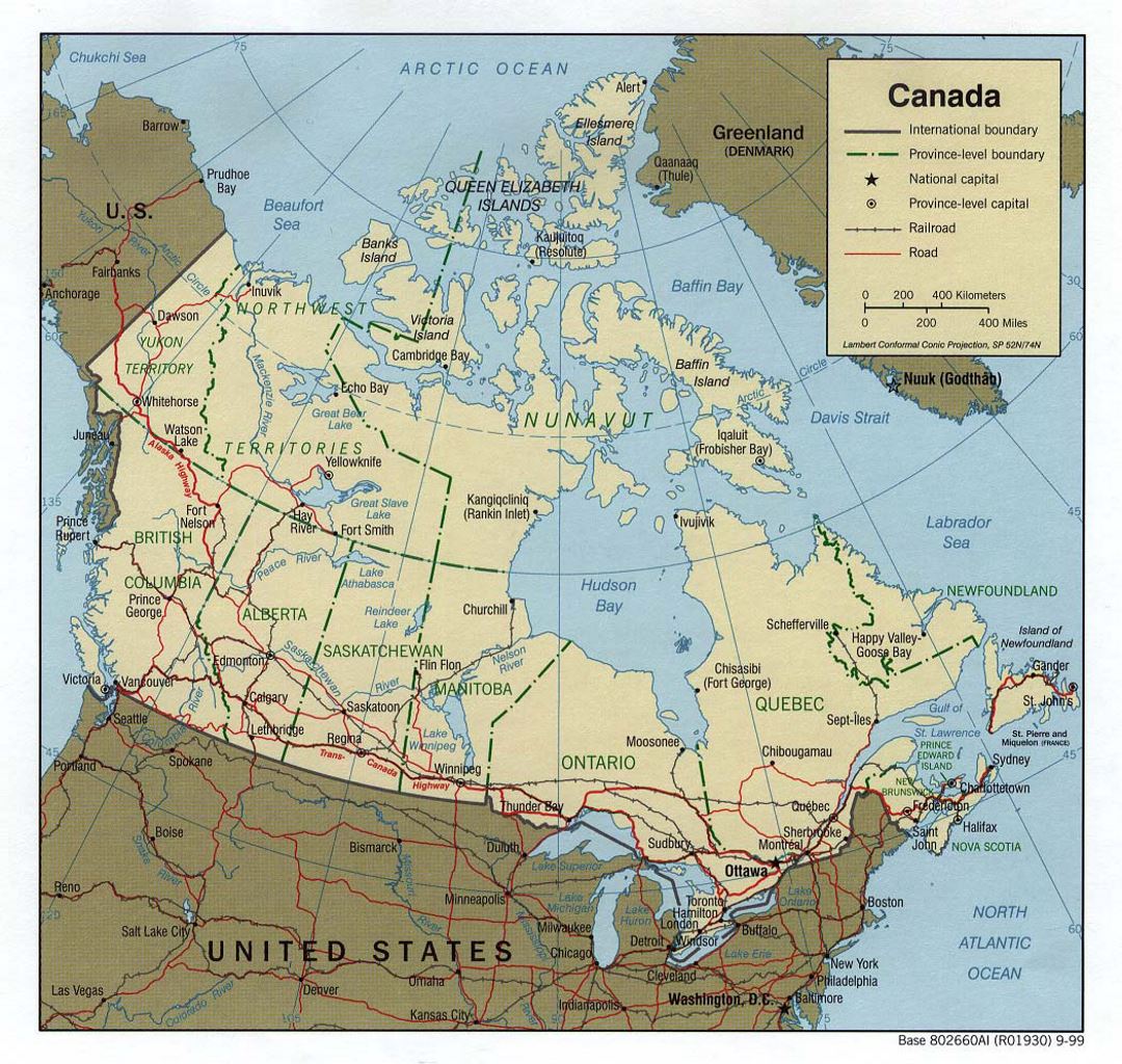 Detailed political and administrative map of Canada with roads, railroads and major cities - 1999