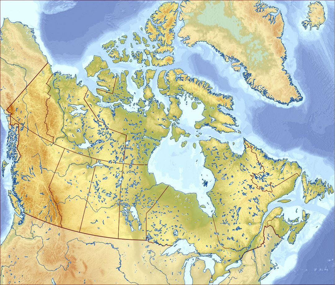 Detailed relief map of Canada