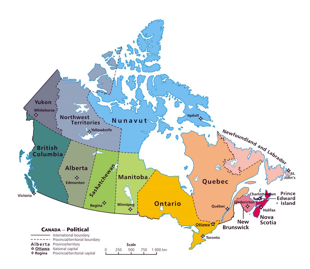 Large administrative map of Canada with major cities