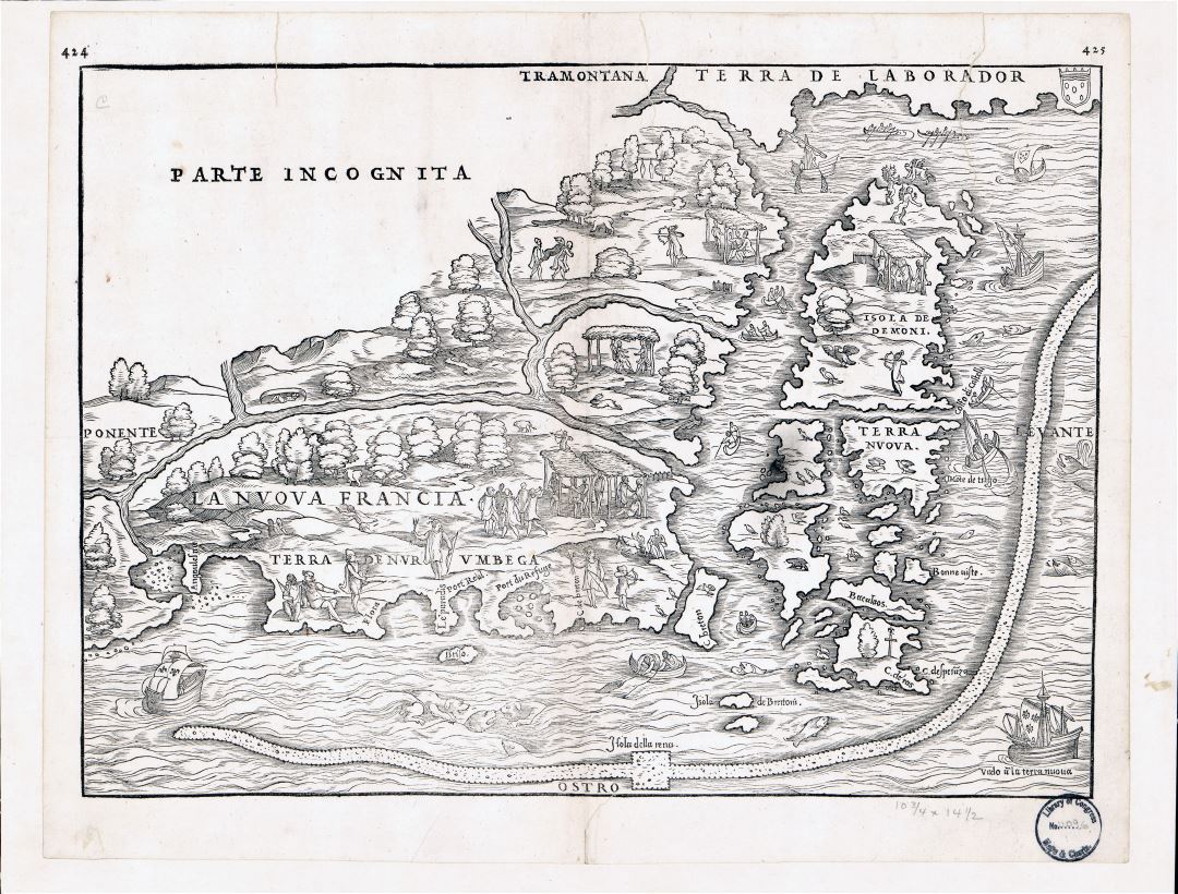 Large detailed old antique map of Eastern Canada - 1565