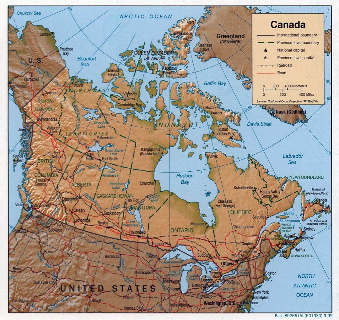 Large detailed political and administrative map of Canada with relief, roads, railroads and major cities - 1999