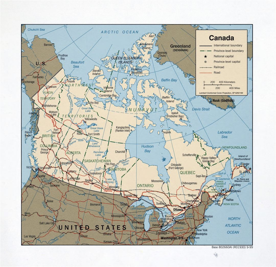 Large detailed political and administrative map of Canada with roads, railroads and major cities - 1999