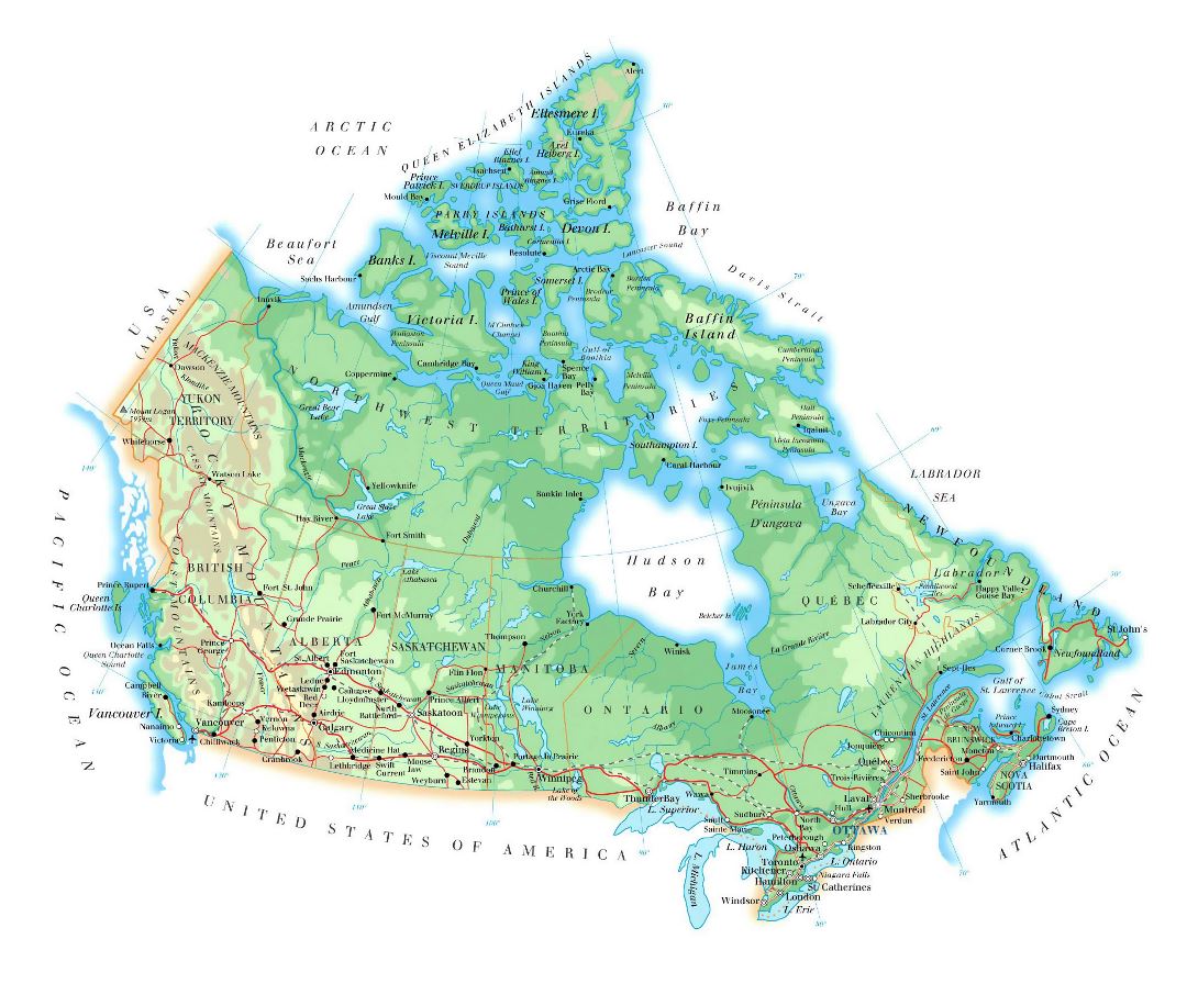 Large elevation map of Canada with roads, railroads, major cities and airports