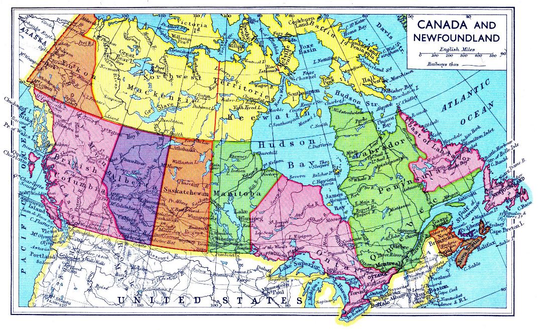 Large old political and administrative map of Canada and Newfoundland