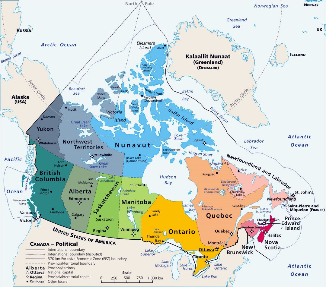 Large political and administrative map of Canada with major cities