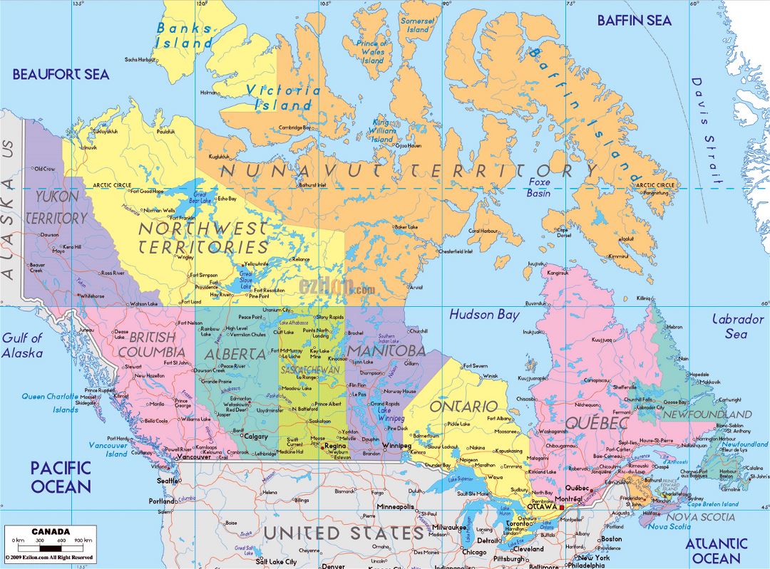 Large political and administrative map of Canada with roads and cities