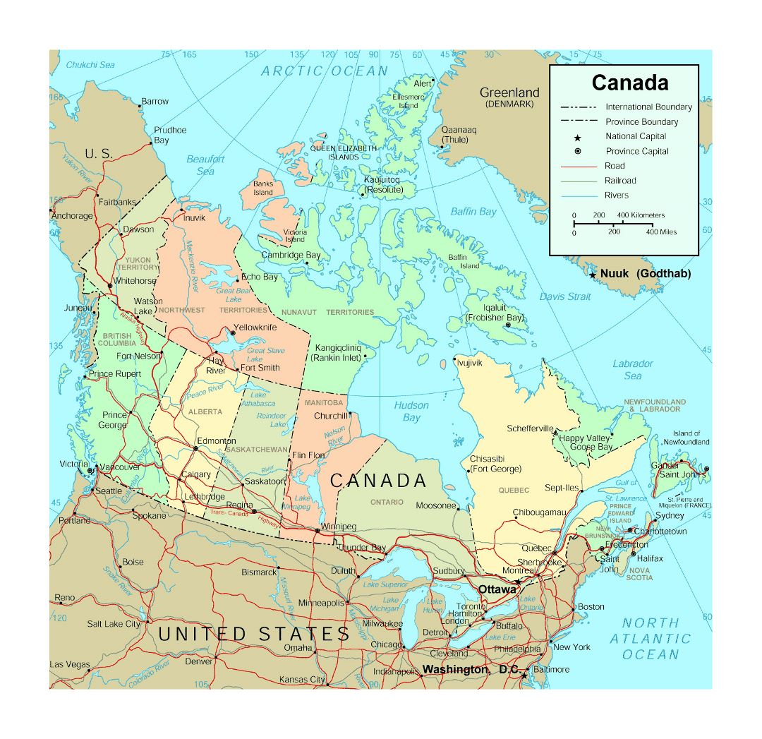 Large political and administrative map of Canada with roads, railroads, rivers and major cities