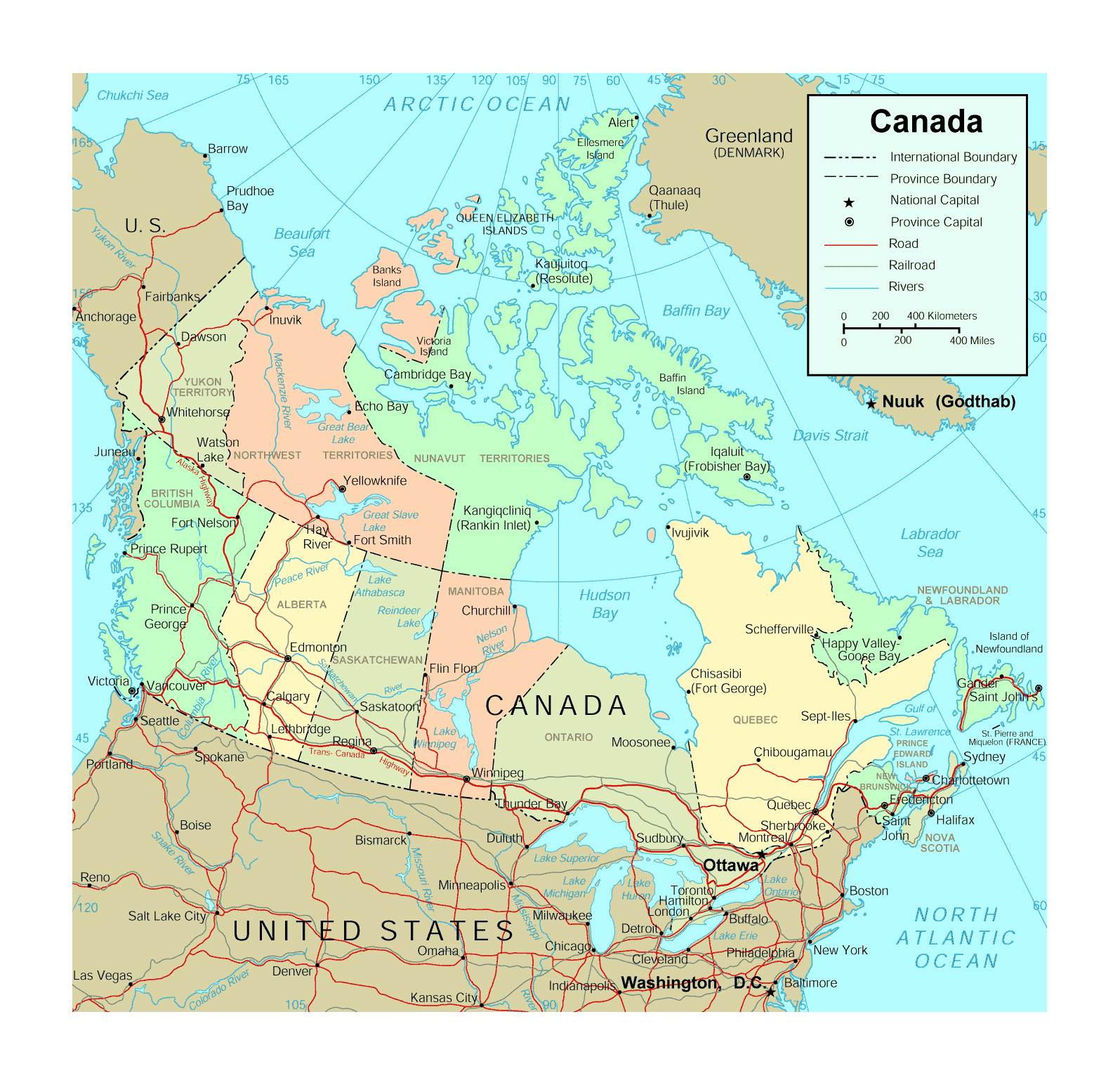 Large Political And Administrative Map Of Canada With Roads