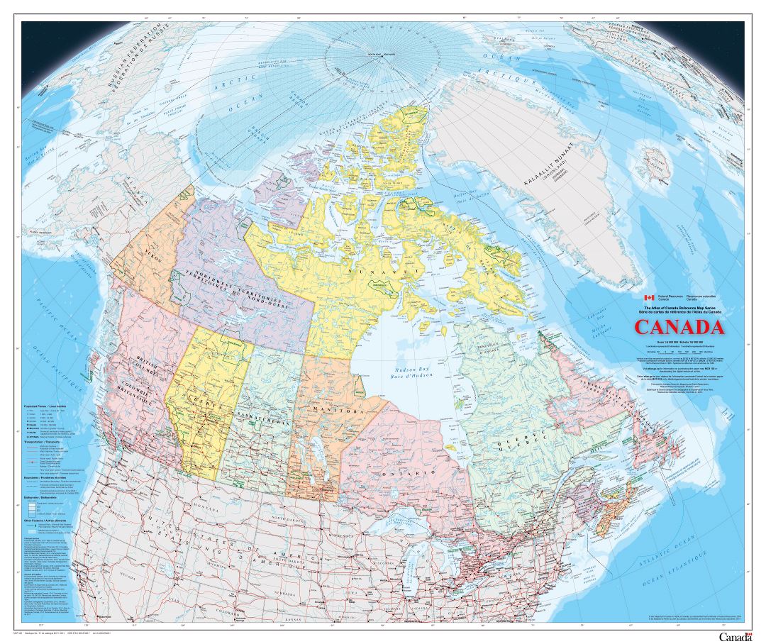 Large scale political and administrative map of Canada with roads, railroads, cities and other marks