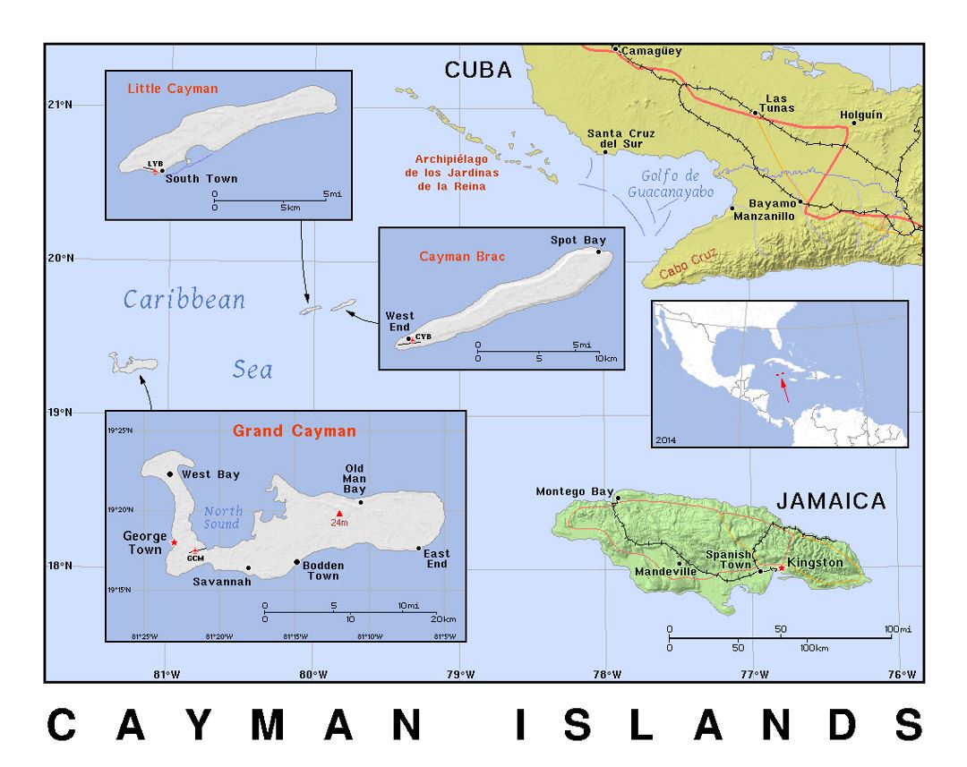 Detailed political map of Cayman Islands with relief