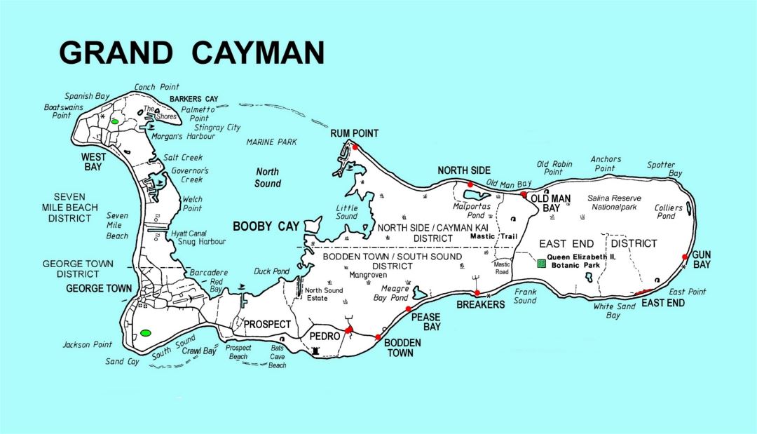 Large detailed map of Grand Cayman with roads and other marks