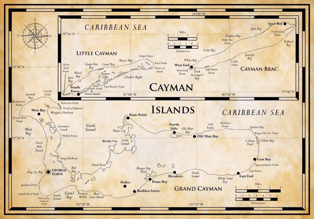 Large map of Cayman Islands in antique style