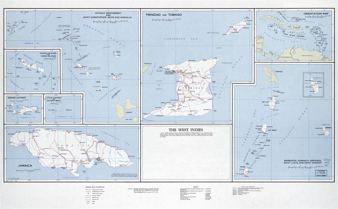 Large scale map of the West Indies with roads, railroads, cities and other marks - 1958