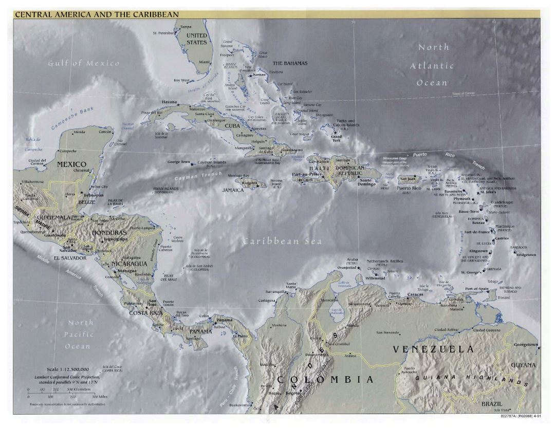 Detailed political map of Central America and the Carribean with relief and cities - 2001