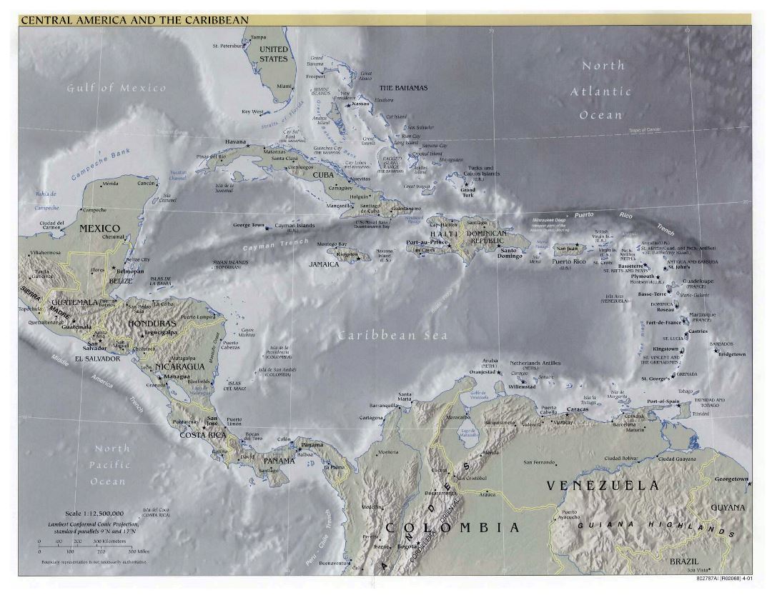 Detailed political map of Central America and the Carribean with relief and cities - 2001