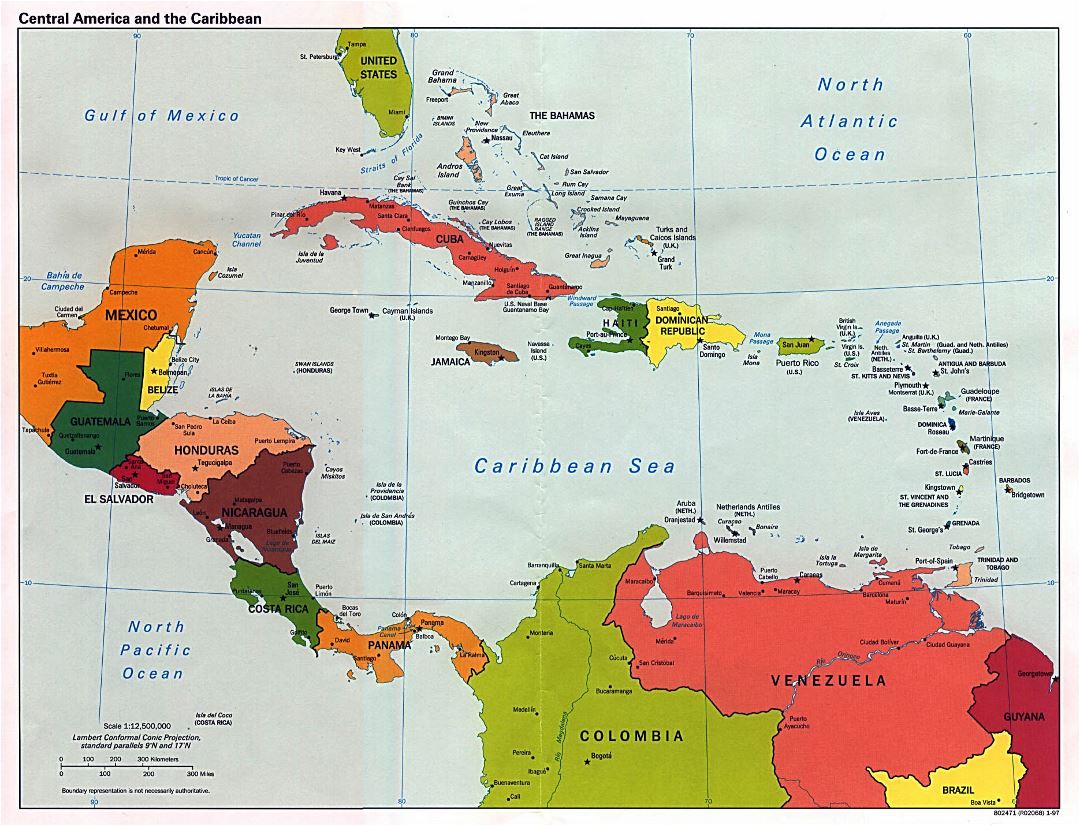 Large detailed political map of Central America with capitals and major cities - 1997