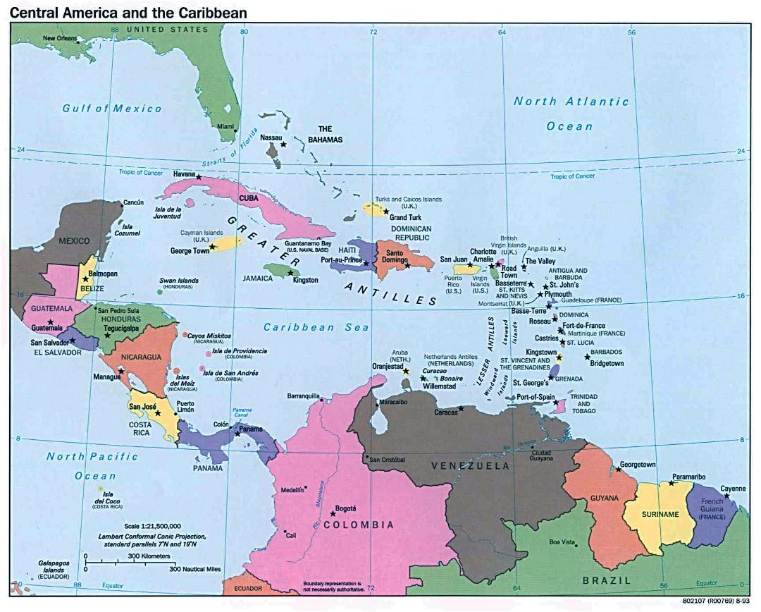 Large political map of Central America and the Carribean with capitals - 1993