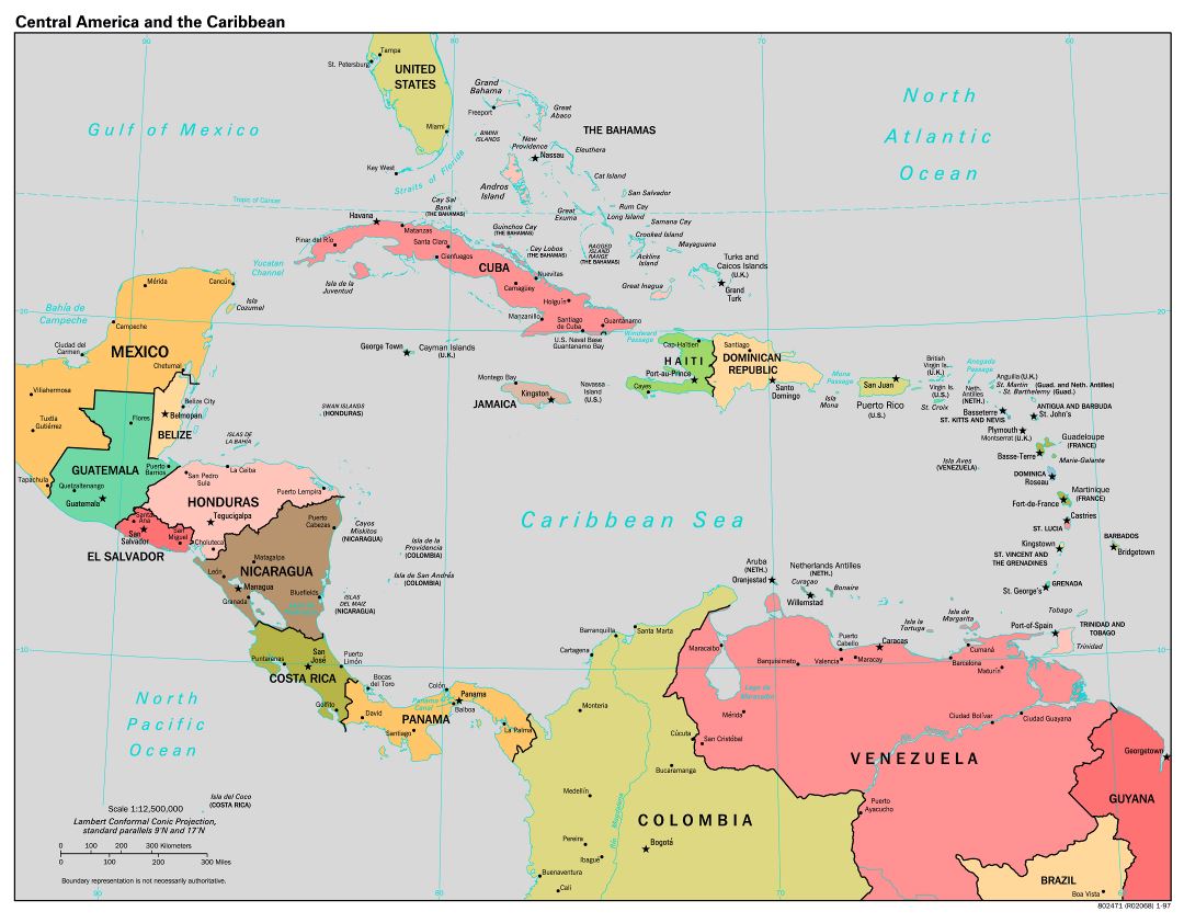 Large scale political map of Central America and the Carribean - 1997